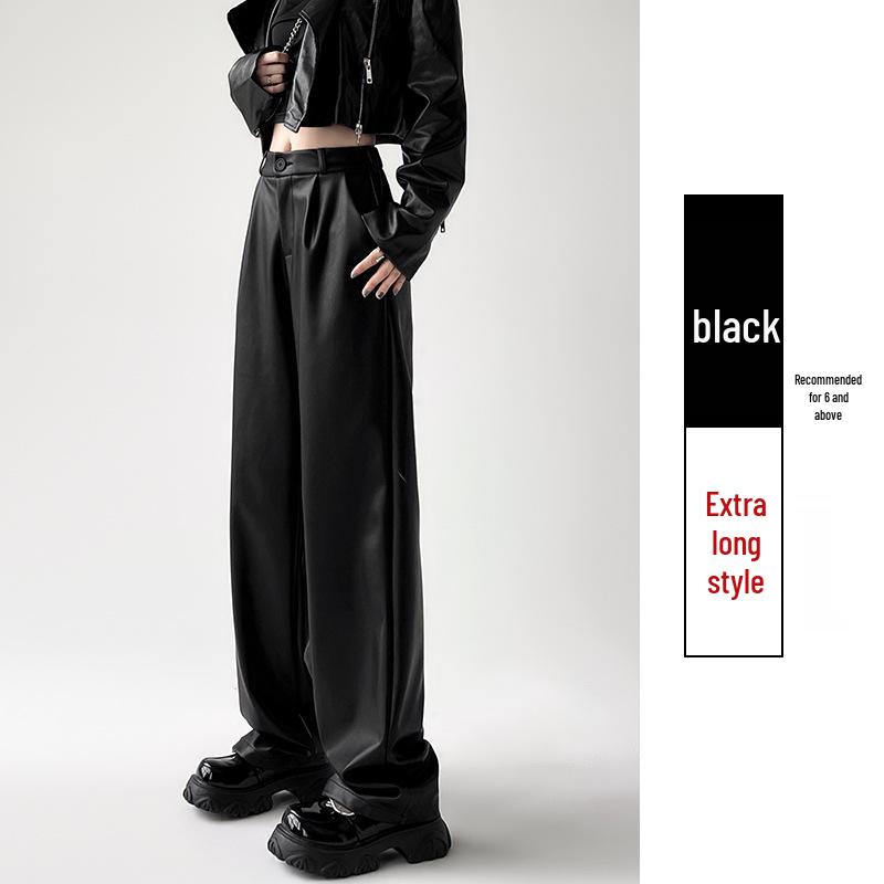 Women's 2025 Black Leather Wide-Leg Slimming High-Waisted Pants