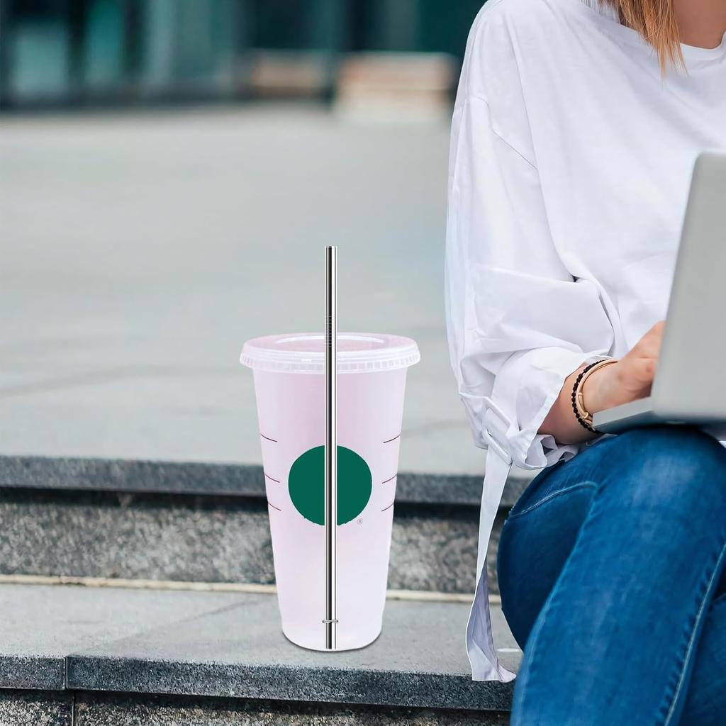 10.5 Inch Stainless Steel Straws Replacement for Starbucks Cold Cup Venti 24 Oz, 6 PCS Straight Reble Metal Straw with Cleaning Brush, 10.5" X 0.31"