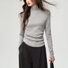 Women Combed Cotton Half Turtleneck Long Sleeve Waist Fitted Pleated Bottoming T Shirt