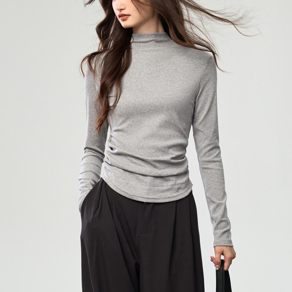 Women Combed Cotton Half Turtleneck Long Sleeve Waist Fitted Pleated Bottoming T Shirt