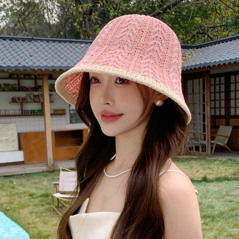 Summer New Hat Women Plain Face Small Bucket Hat Hollow Weaving Fashion Versatile Spring and Autumn Bucket Hat One Size