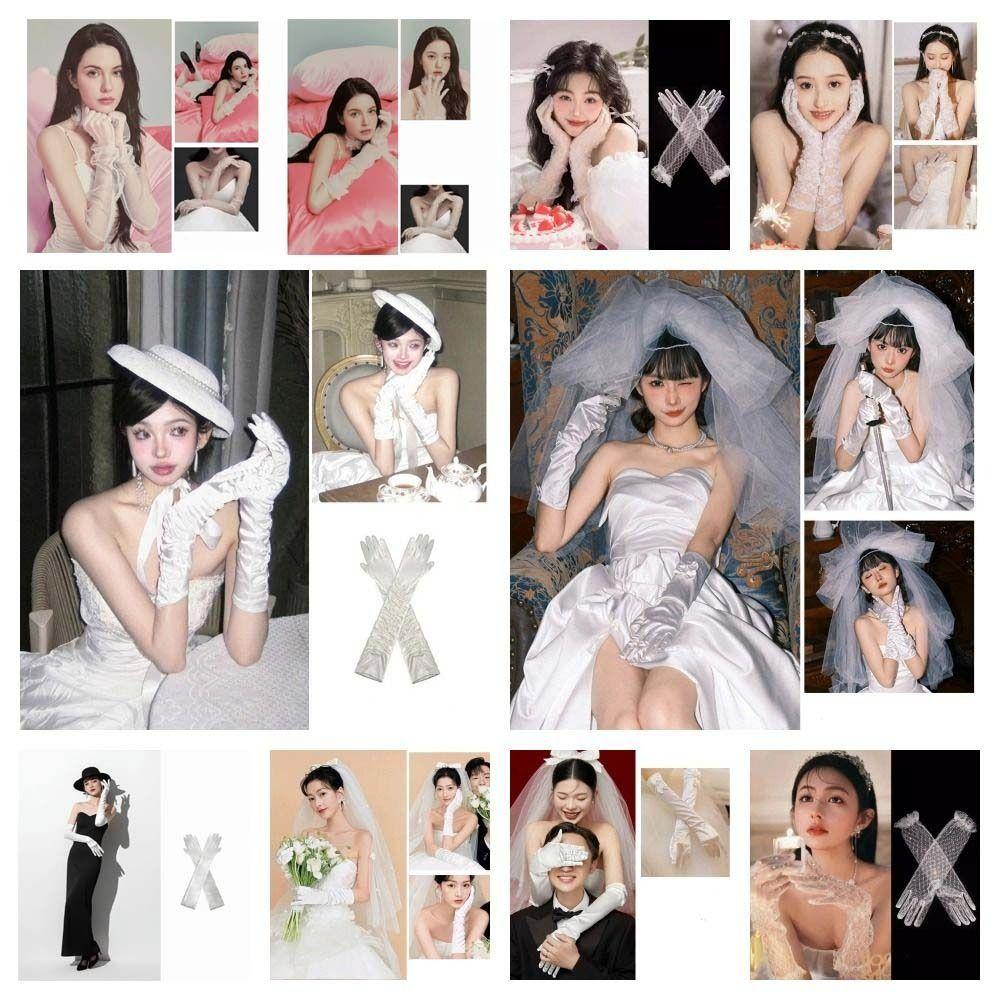 White Wedding Bridal Gloves Lace Long Finger Mittens Retro Satin Long Gloves  Women