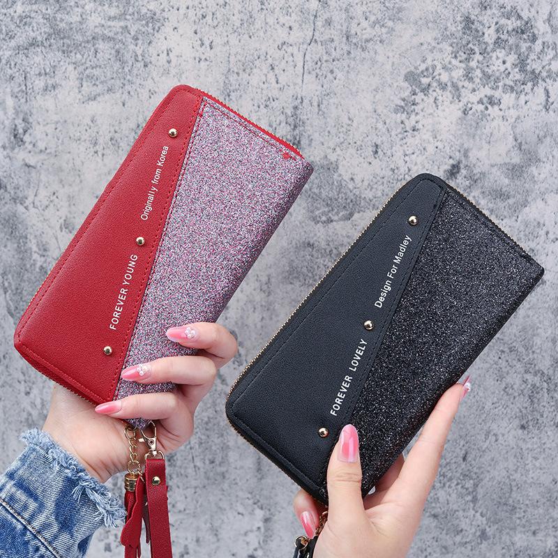 Glitter Shining Wallet  Long Women's Zipper Wallet - Korean Splicing, Color Contrast, Tassel, and Rivet Details