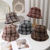 New retro plaid basin hat textured woolen wide-brimmed bucket hat autumn and winter versatile warm hat