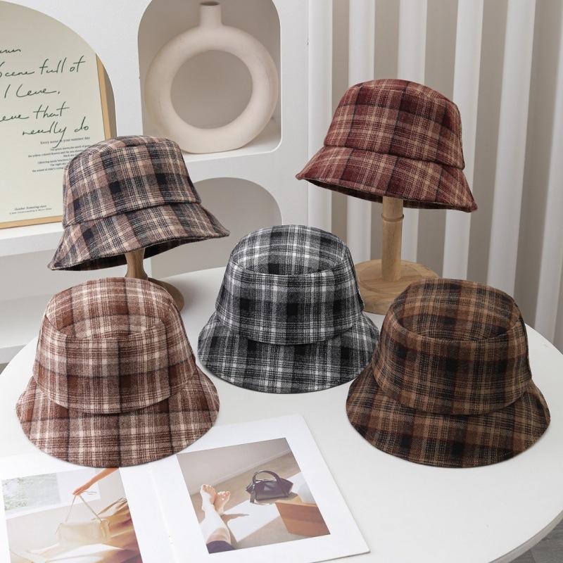 New retro plaid basin hat textured woolen wide-brimmed bucket hat autumn and winter versatile warm hat