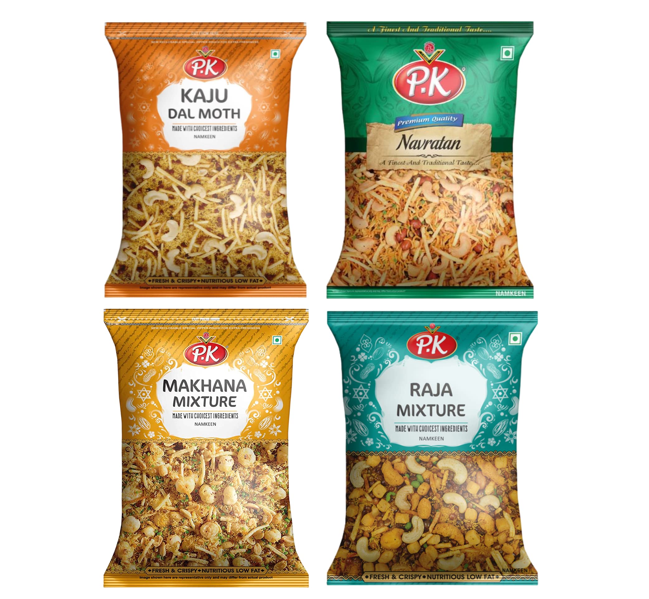 P.K Kaju Namkeen, Navratan Namkeen, Makhana Mixture Namkeen, Raja Mixture Namkeen (Pack Of 4) (Each 200g)