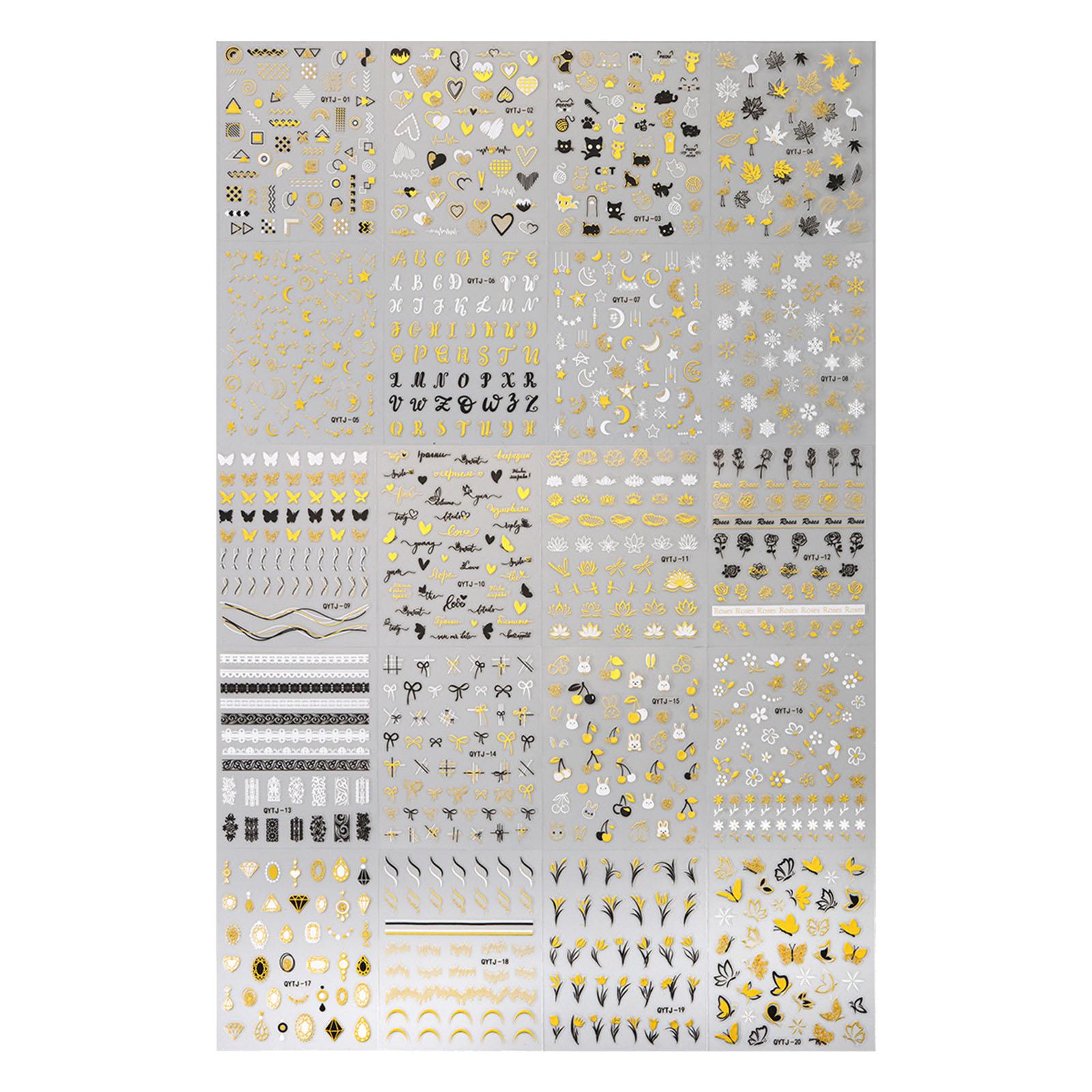 

20 листов наклеек для ногтей с котами, сердечками и звездными цветами для DIY нейл-арта, легкое нанесение, долговечный клей, маникюр