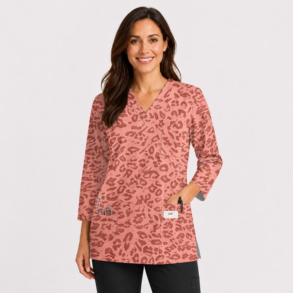 Women's Printed Scrub Top, V-Neck, Double Pockets, Side Slit, 3/4 Sleeve