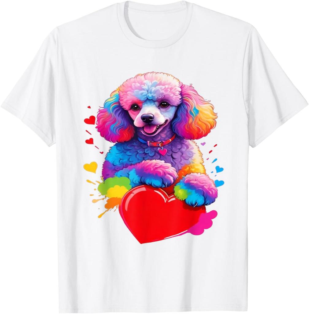 Colorful Rainbow Poodle Heart Graphic Tee Men Casual Short Sleeve Cotton Print T-Shirt