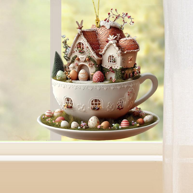 Easter Pendant 2d Flat Acrylic Coffee Cup House Easter Egg Ornaments Coffee Cup House Easter Egg Hangable Decor Party Supplies