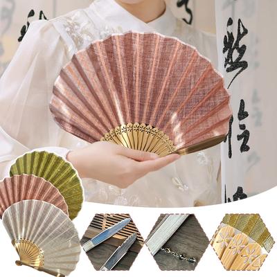 Estilo Japonés Retro Forma de Concha Ventilador Tela de Seda Bambú Abanicos Plegables Abanicos de Mano para Bodas Algodón Lino Color Sólido Ventilador Tallado Hueso