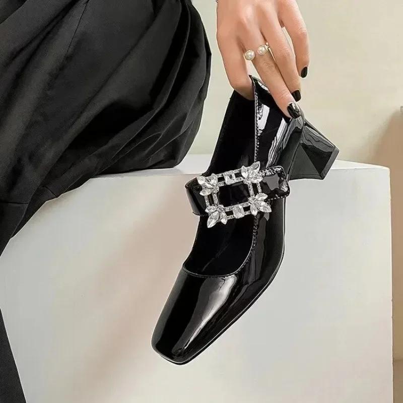 Shoes Shallow Mouth Block Heels For Women Pumps Sandals Ladies Square Toe Mary Jane Chunky African Retro Lolita Straps Leather