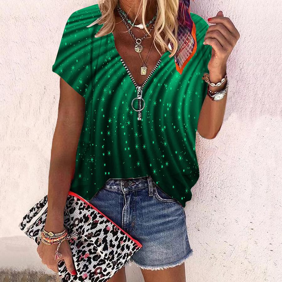 

Женский топ, летняя новая мода, повседневный топ с короткими рукавами и застежкой-молнией с цветочным принтом розы и v-образным вырезом XS зелёный