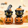Artistic Resin Craft Collectibles Halloween Black Cat & Pumpkin Ornaments, Cute Desktop Figurines, Holiday Atmosphere Room Decor Cartoon And