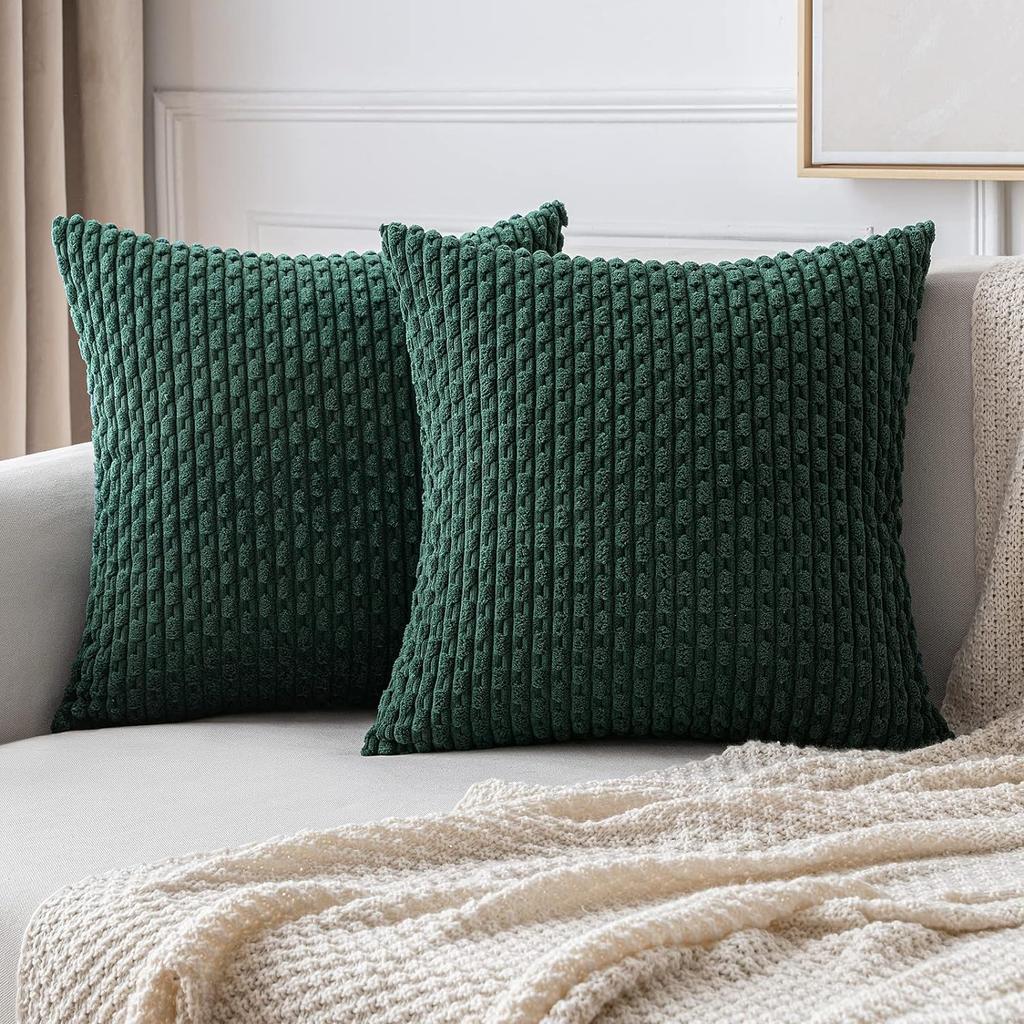 Sage Green Corduroy Striped Throw Pillow Covers 18x18 Soft Square Cushion Cases for Couch Living Room Bed Sofa Decor