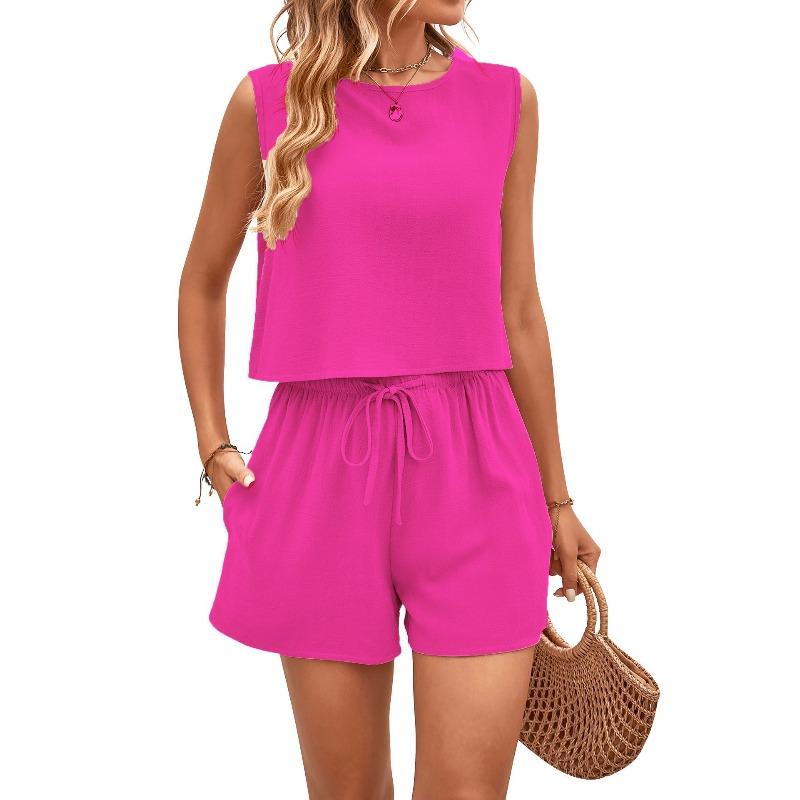 Women's Fashionable Sleeveless Top Solid Color High Waist Shorts Casual Two-piece Set for Women