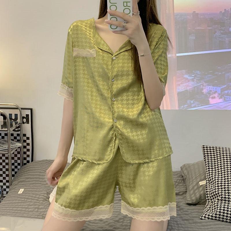 Pajamas Women'S Summer Cold Silk Cool Two-Piece Suit Summer Short-Sleeved Lace Can Be Worn Outside Qiandongge Loungewear