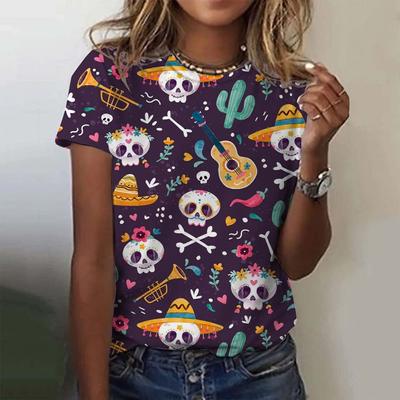 Halloween Funny Sugar Skull Mexican T-shirt Anime Cartoon Anime Day of the Dead T-shirt Women's Round Neck Short Sleeve
