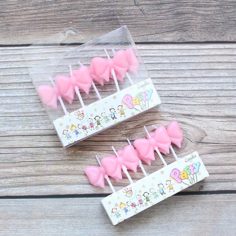 New Pink Bow Birthday Candles Creative Party 5 PVC Boxed White Bow Candles