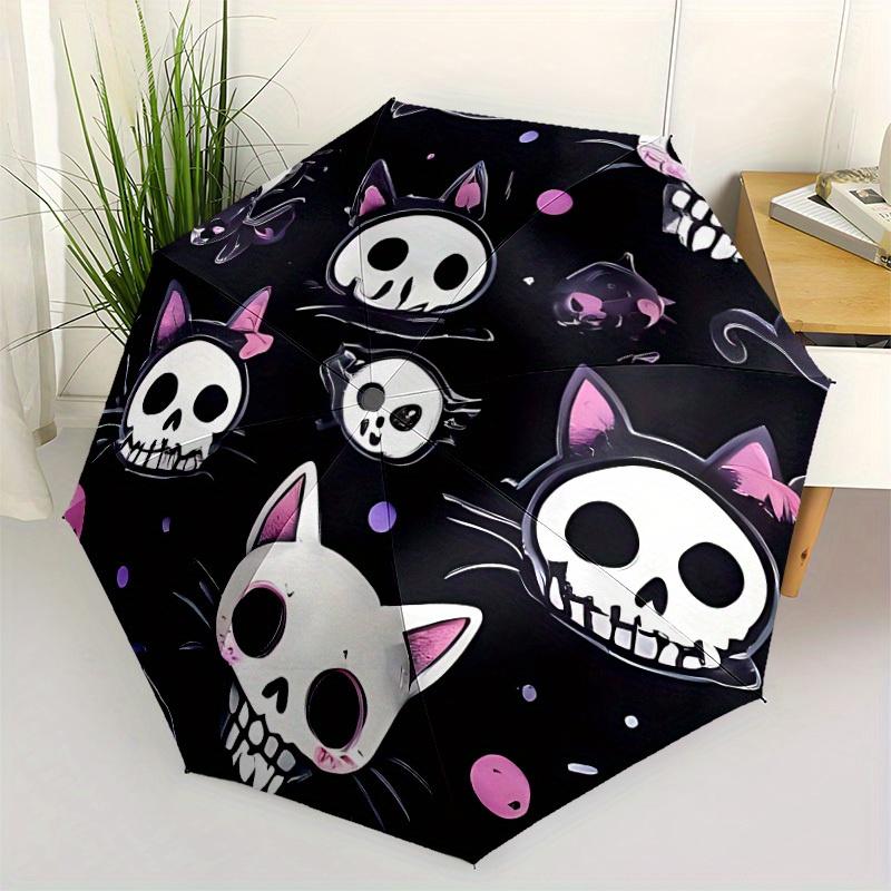 1pc Skull Cats Auto Open/Close Umbrella with Windproof, Functional Design, 8-Rib Sturdy Canopy