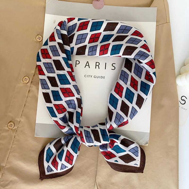 Japan and Korea Fashion Niche Multi-color Splicing Rhombus Grid Printing Square Scarf High-end Sense Simple INS Style Herringbone Silk Scarf