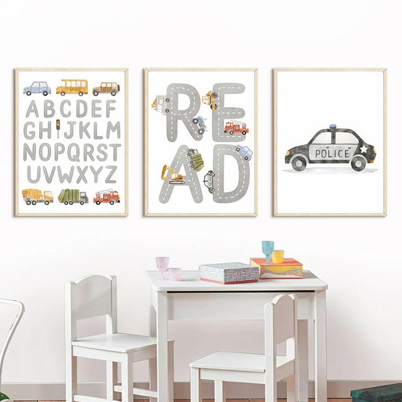 Alphabet Taxi Fire Truck Bus Wall Art Posters Prints Picture Nordic Kids Room Cartoon Cars Canvas Painting Nursery Bedroom Decor