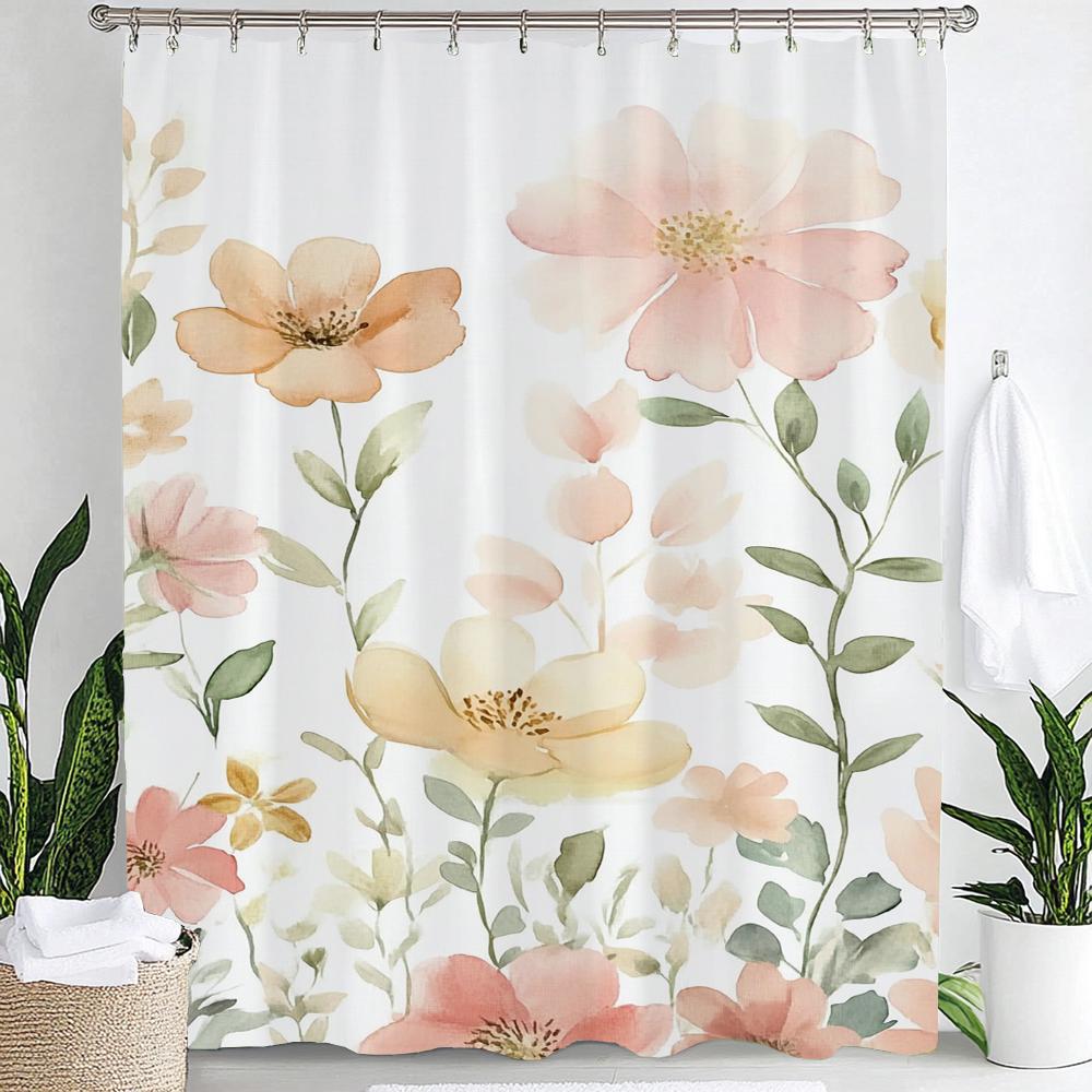 Watercolor Flower Leaves Printed Shower Curtain Partition Privacy Hanging Curtain With 12 Hooks Multiple Sizes Machine Washable
