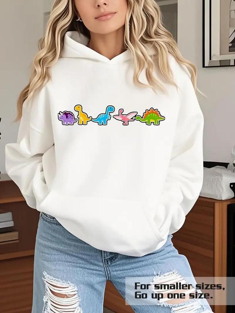 Dinosaur Print Loose Fit Hooded Sweatshirt with Ribbed Hem