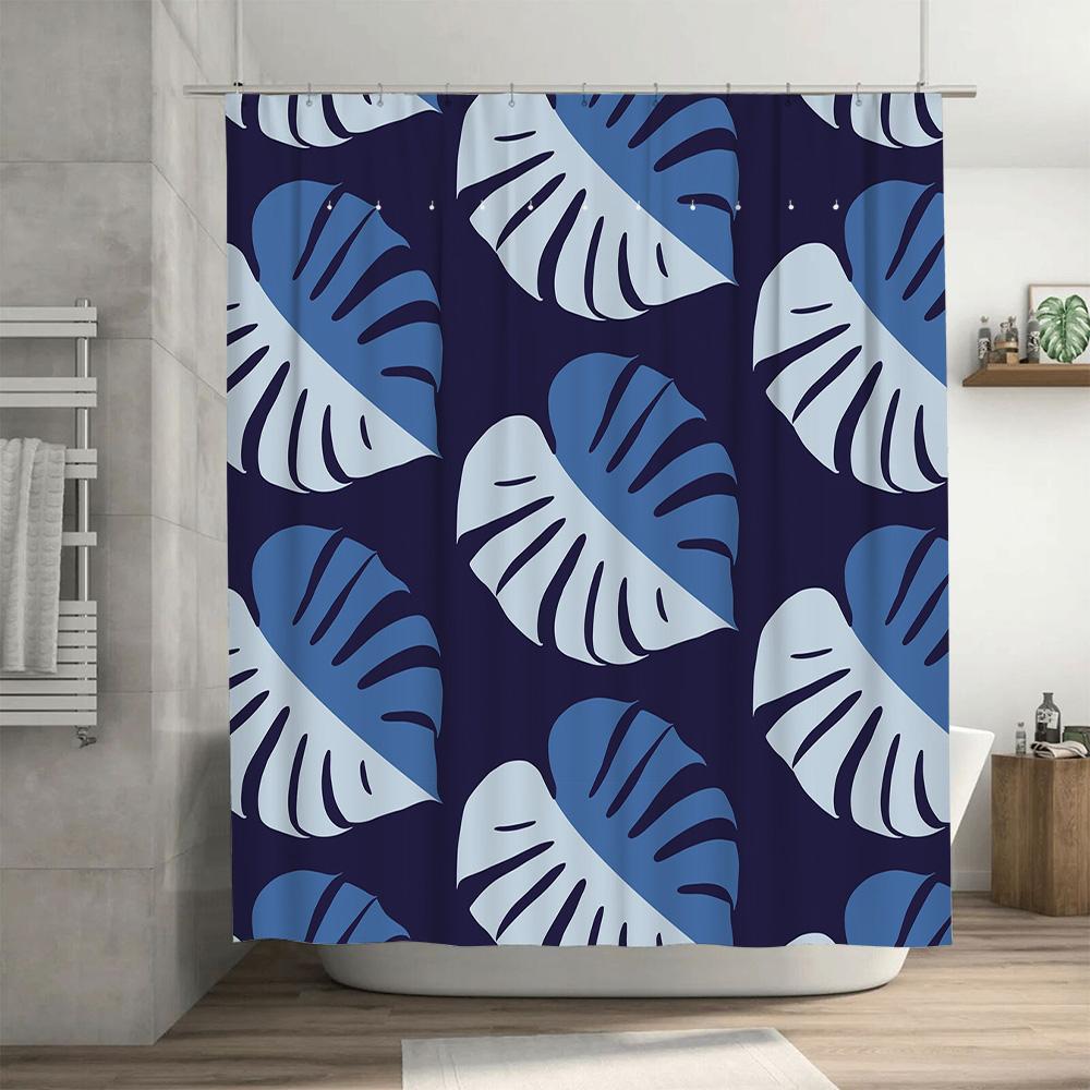 White Blue Palm Leaf Print Shower Curtain Waterproof Bathroom Decor Home Textiles