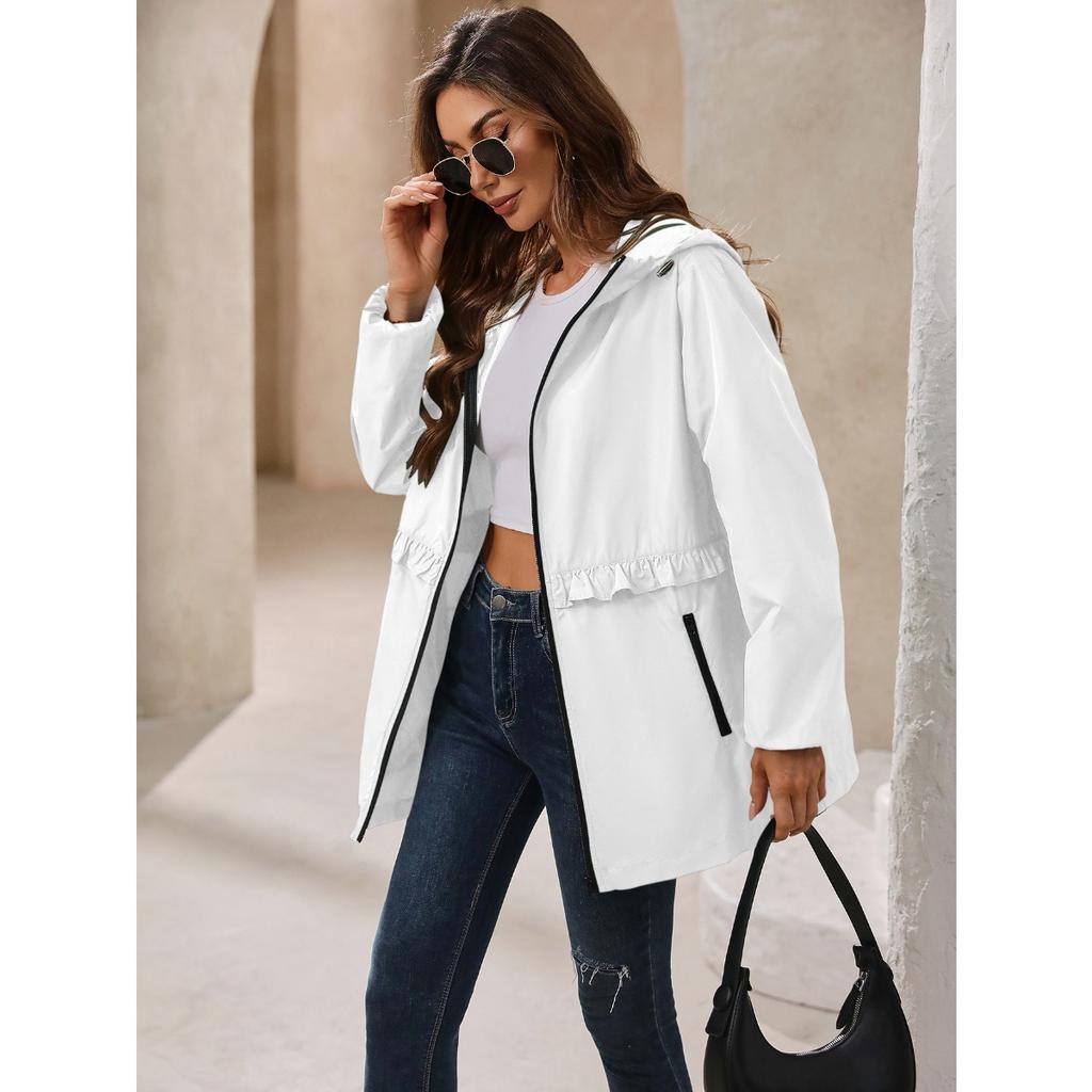 Damen Kapuzenjacke Langarm Lockerer Schnitt Kordelzug in der Taille Wasserdicht Winddicht Outdoor Wanderjacke