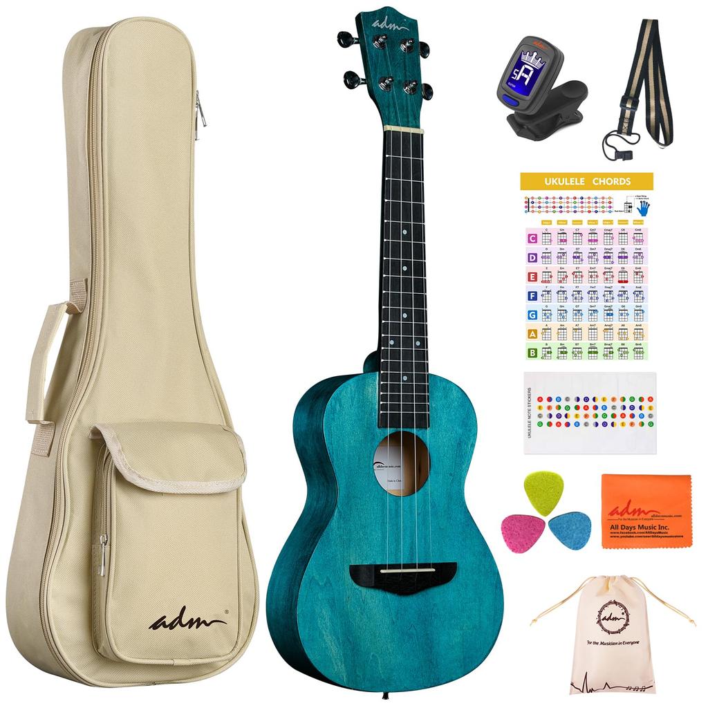 ADM Concert Ukulele Set Includes Gig Fretboard and Storage Bag Kit, Beginner's - Bag, Tuner, Strap, Stickers, Picks, (Matte Blue, 23-inch)