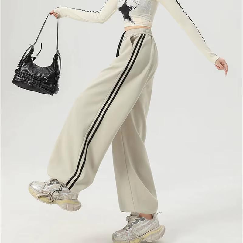 Women Stripe Chic Straight Pant Autumn Spring Retro Sports Sweatpants High Waist Color Blocked Trouseres Lady Casual Streetwear