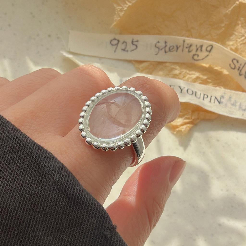 Anillos de Plata de Ley 925 para Mujer Pareja Minimalista Hechos a Mano Simple Anillo Ovalado con Piedra Joyería Fina Regalo Prevenir Alergia