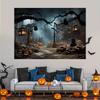 A Halloween photography background with a terrifying pattern of dead trees, pumpkins, and demons in the foggy forest