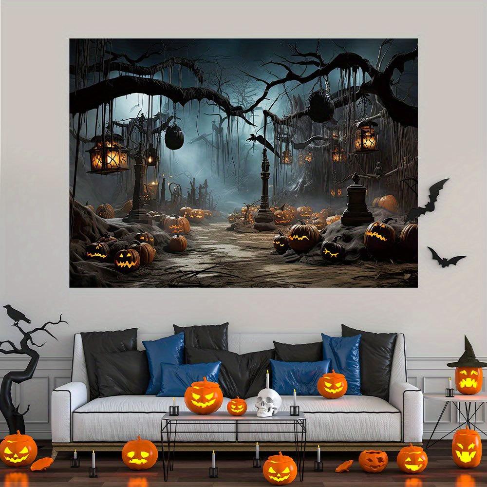 A Halloween photography background with a terrifying pattern of dead trees, pumpkins, and demons in the foggy forest