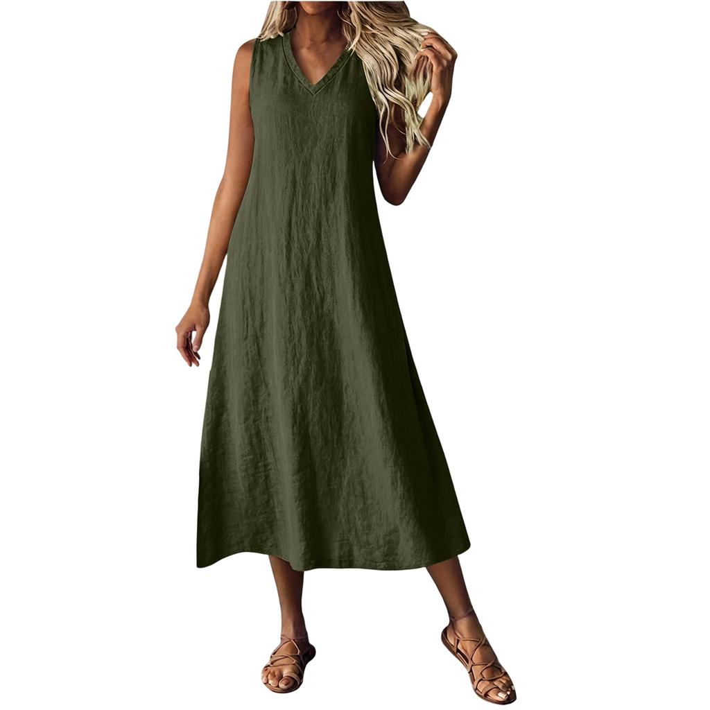 Women Sleeveless Casual V Neck Midi Dress with Zipper and Pockets Relaxed Fit Solid Color Tank Dress