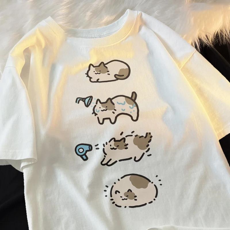 

Summer Bathing Cat Cute Cartoon Short Sleeved Tshirt For Unisex Women Casual Loose Breathable Hair Dryer Couple Tshirt S