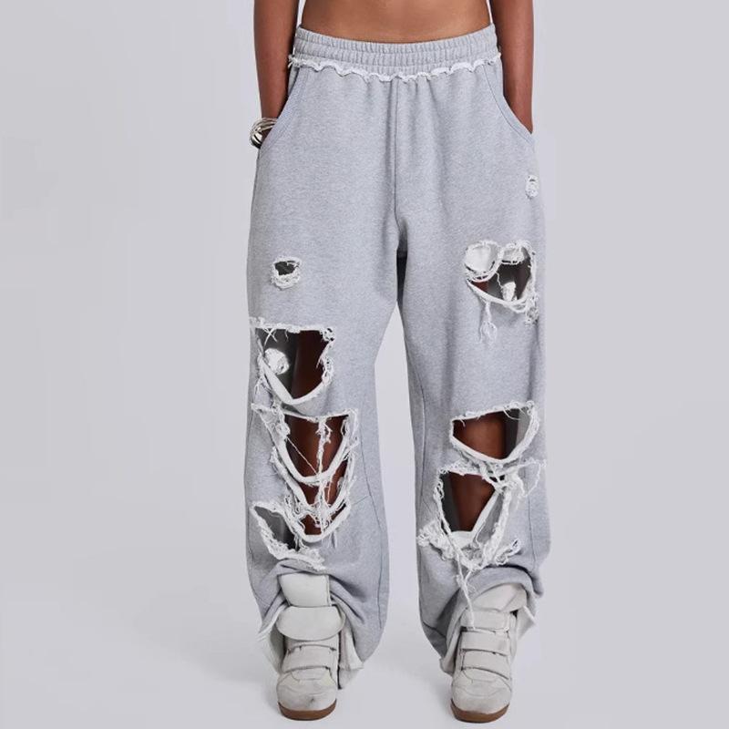 European And American Trend Casual Pants Men'S And Women'S Street Hip-Hop Ripped Design Wide-Leg Loose Denim Trousers