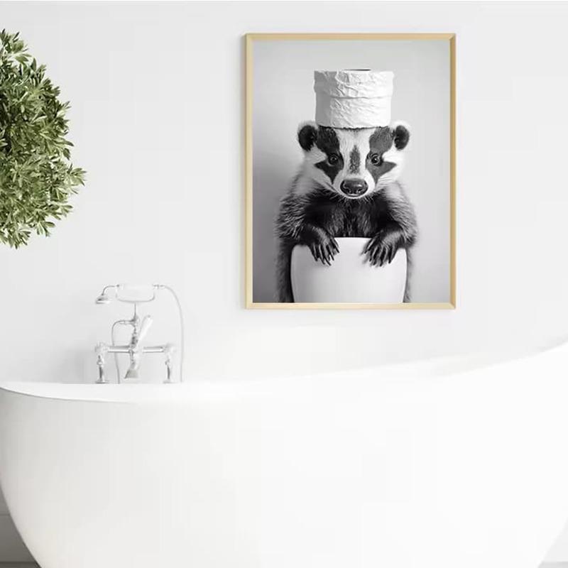 Black and White Cute Animal and Toilet Paper Poster Cat Hedgehog Sloth Canvas Painting Wall Art Bathroom Living Room Home Decor