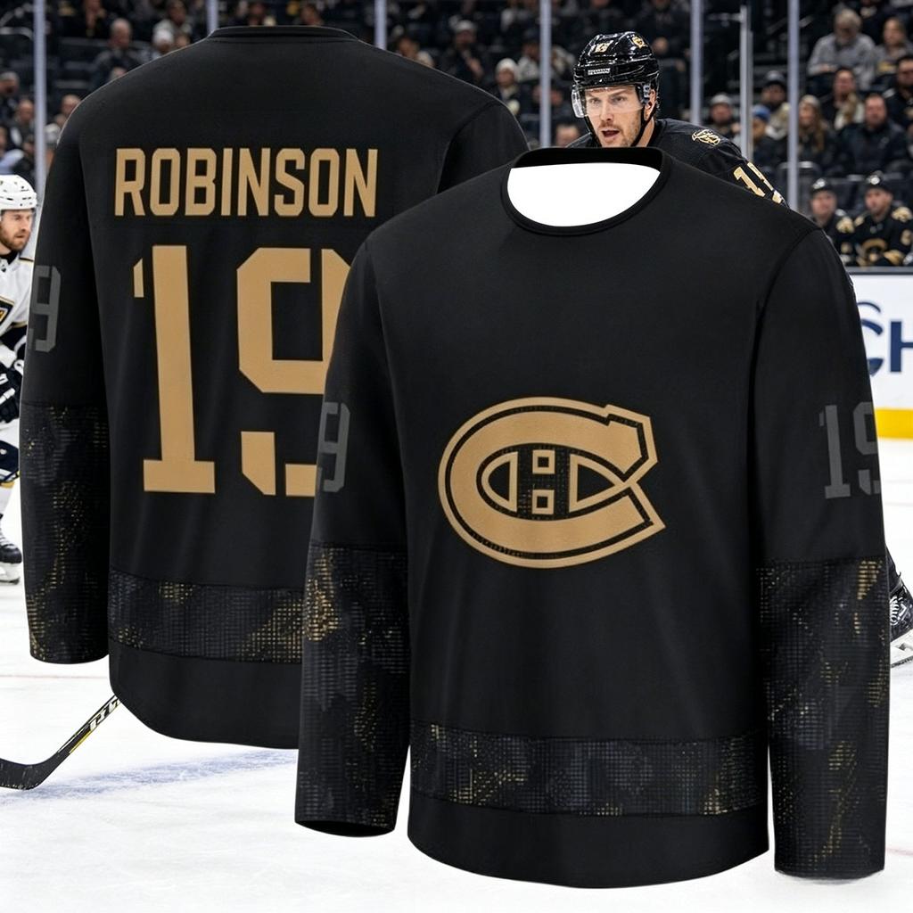 Tuta da Allenamento per Hockey su Ghiaccio Maschile Canadese - Traspirante, Asciugatura Rapida Versione Nera e Oro Manica Lunga Top Famiglia