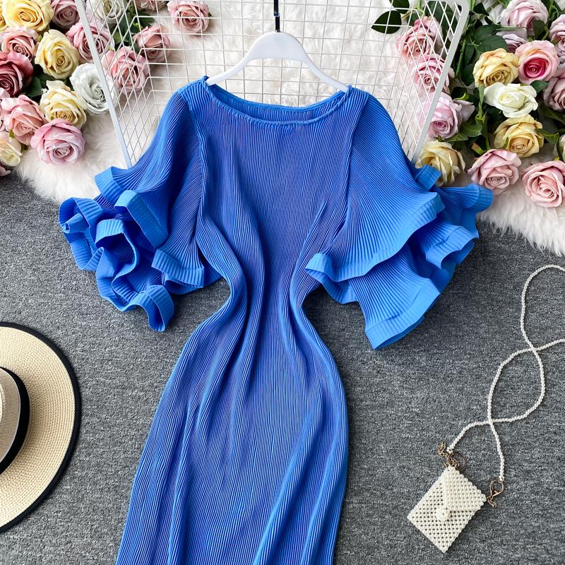 French Bellflower Fairy Mori Lotus Leaf Big Trumpet Sleeve Pleated Dress Mopping the Floor and Swinging Temperament Long Dress