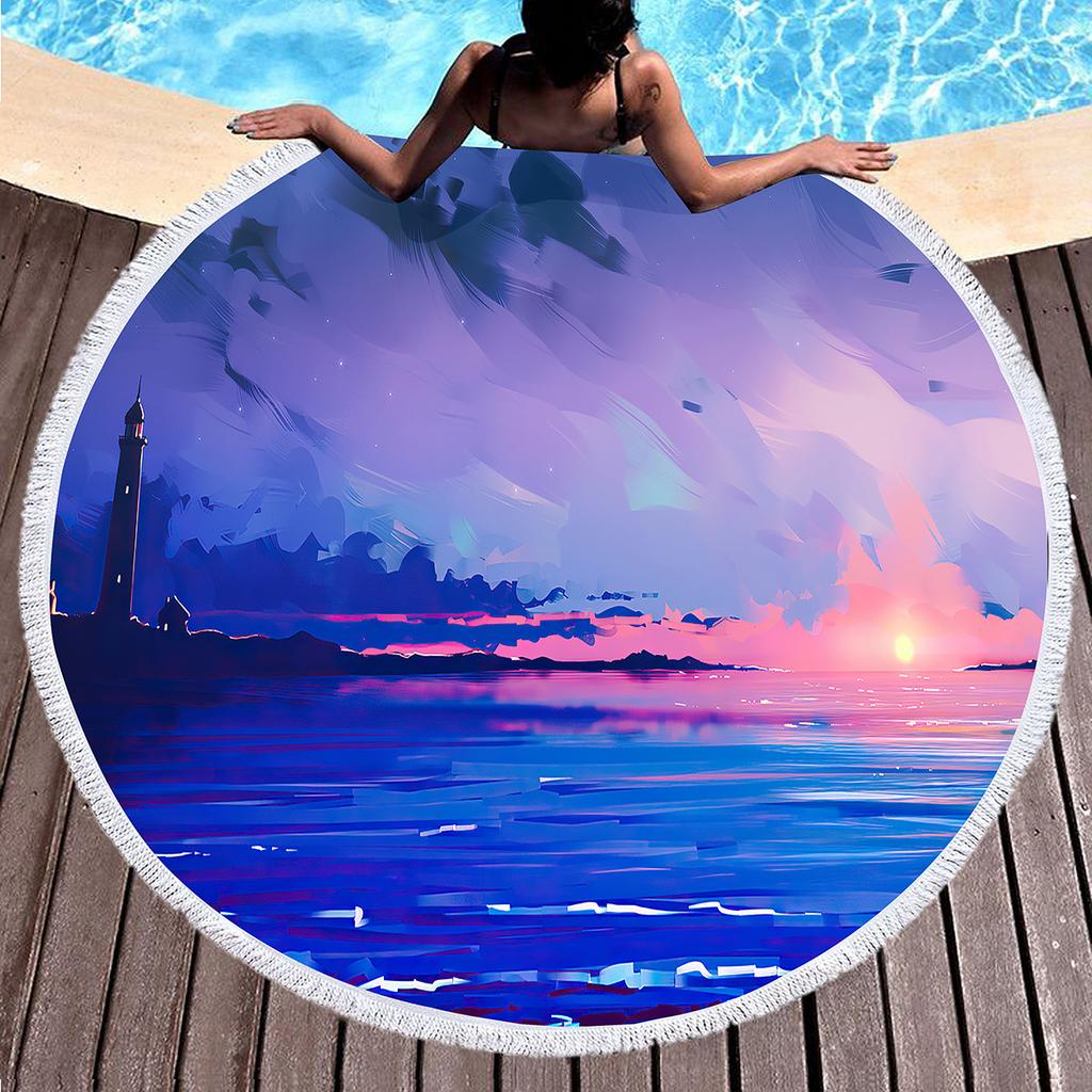 Lighthouse Print Round Beach Towel Sand Free Quick Dry Circle Bath Towel Absorbent Meditation Rug Yoga Mat Throw Fringe Tapestry