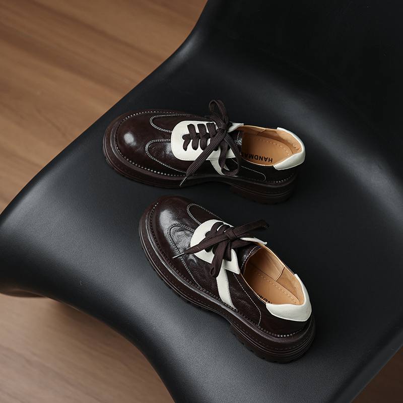 Krazing Pot Sheepskin Round Toe Med Heels Slip on Spring Autumn Shoes Big Size 41 Lace Up Mixed Color Oxford Women Pumps