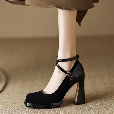 Black High-heeled Shoes Women's Thick-heeled Wedding Shoes Mary Jane Crossed with Square Head and Versatile Shallow Mouth.