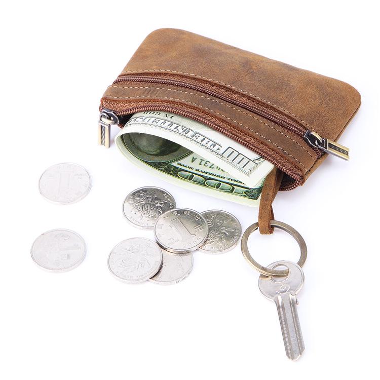 Women's Leather Coin Purse & Card Holder - Crazy Horse Leather Zippered Key Bag, Wear-Resistant Backpack Coin Storage