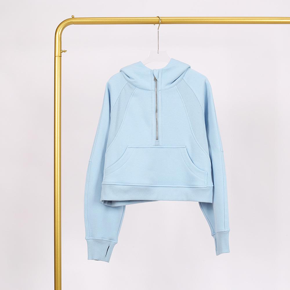 LULU Women's Hooded Half-Zip Terry Cloth Sweatshirt with Gold Logo & Zipper, Plus Velvet Yoga Wear