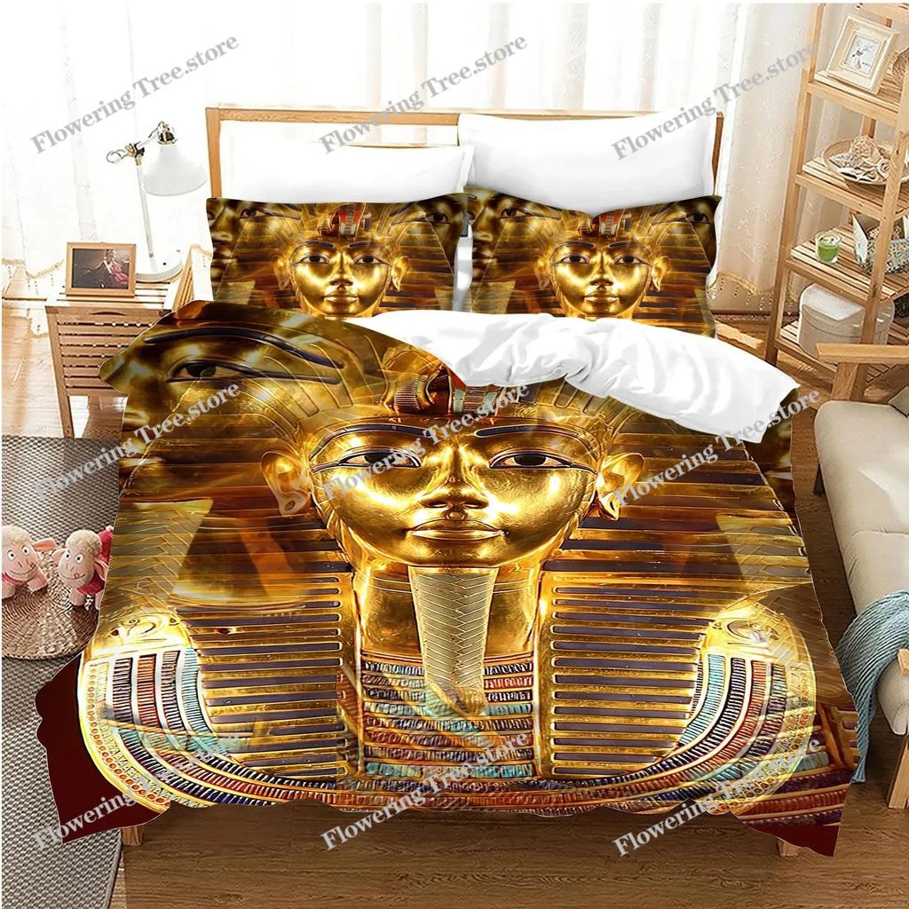Pharao Bettwäsche-Sets, King Size 3D Altes Ägypten Stamm Dekor Bettdeckenbezug Set für Erwachsene Ägyptische Pyramide Polyester Bettbezug