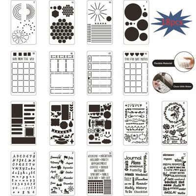 18 Stück Journaling Schablonen Set Vorlage Geometrische Form Buchstaben Schablone Scrapbooking Schablonen zum Malen und Dekorieren Kunststoff
