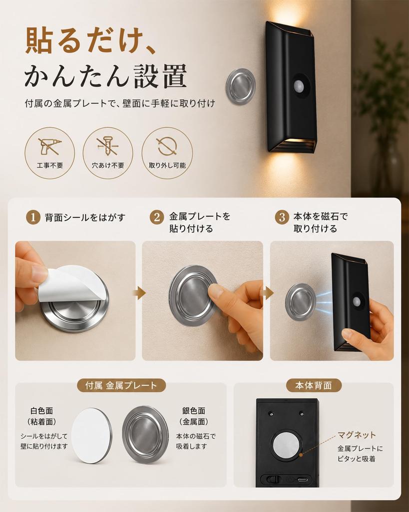 Mirela Sensor Lights for Indoor Use [Set of 2] Rechargeable Wall-Mounted Lights with Motion Sensor, UpDown Lighting, 3 Color Temperatures, Stepless