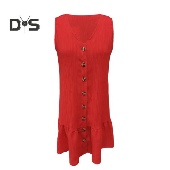 Summer Dress V-Neck Sleeveless Single-Breasted Solid Color Mini Dress Solid Color Loose Fit Women Dress